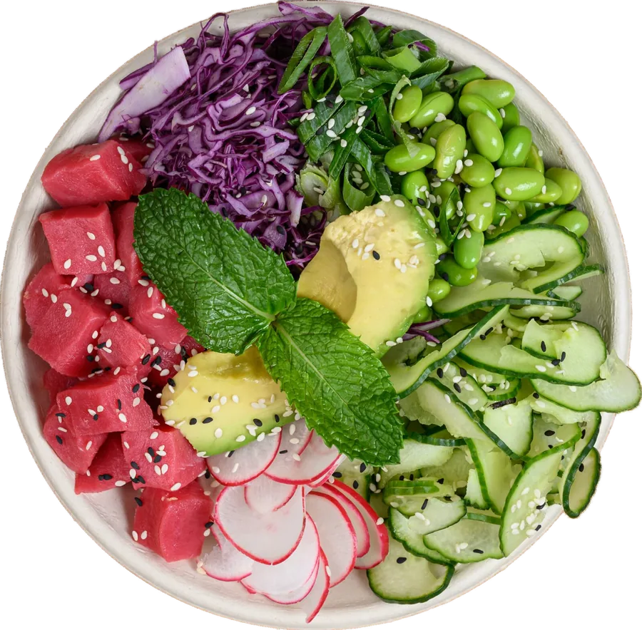 Tuna poke bowl cutout — fresh healthy poke at Pokenom Glenelg, Adelaide